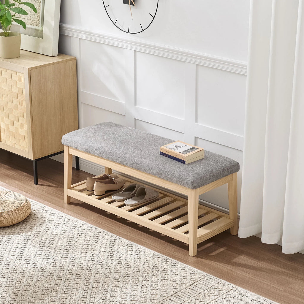 Zesthouse 42.9�?Shoe Bench with Storage, Entryway Bench for Living Room, Bedroom and Hallway, Linen Fabric Upholstered Bench with Solid Wood Shelf, Gray