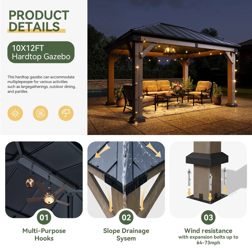 Aoxun 12' x 16' Outdoor Wood Gazebo, Hardtop Gazebo Permanent Wooden Pavilion with Galvanized Steel Double Roof, for Patio, Garden, Backyard, Cedar Wood