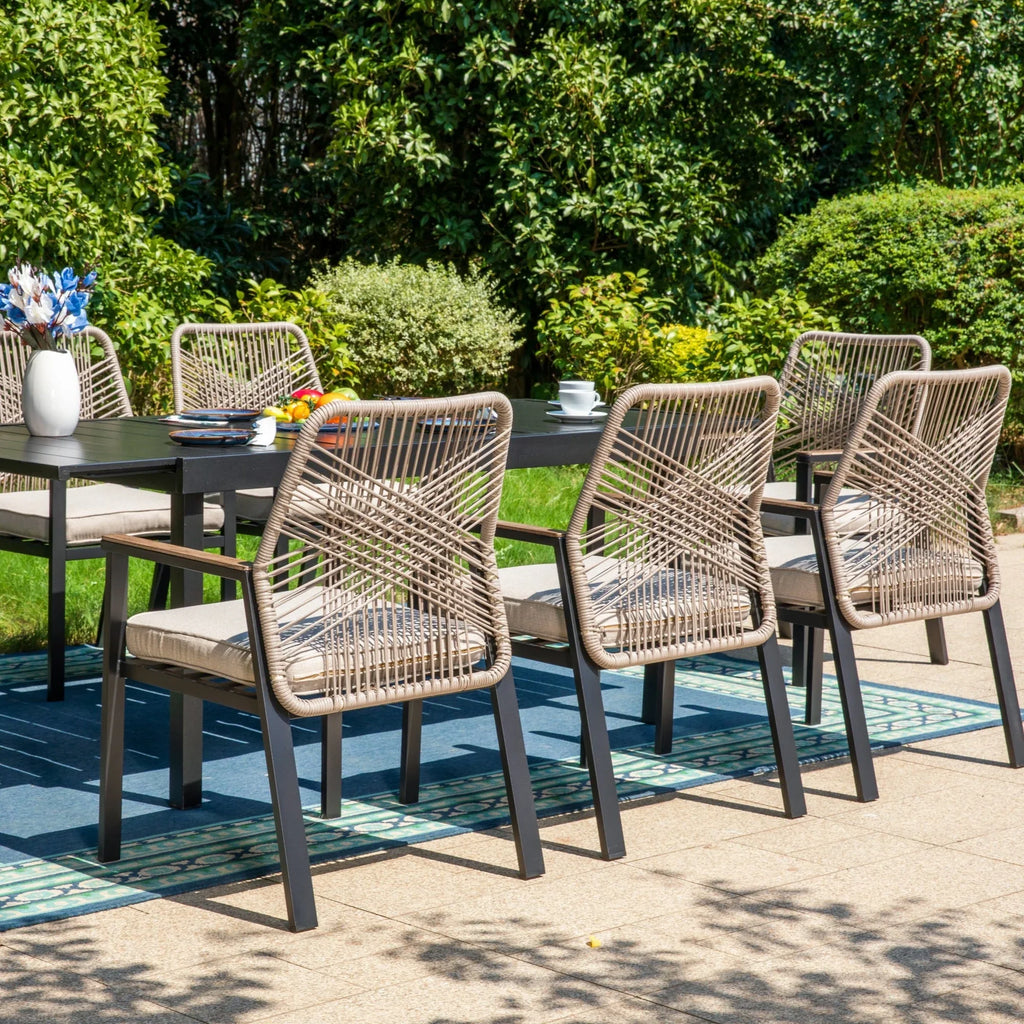 Summit Living 9-Piece Outdoor Dining Set with 8 Cushioned Patio Rattan Chairs and Large Extendable Table, Black and Beige