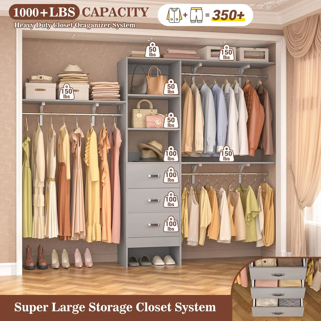 Homieasy 96 Inches Closet System, 8FT Walk In Closet Organizer with 3 Shelving Towers, Heavy Duty Clothes Rack with 3 Drawers, Built-In Garment Rack, 96" L x 16" W x 75" H, White