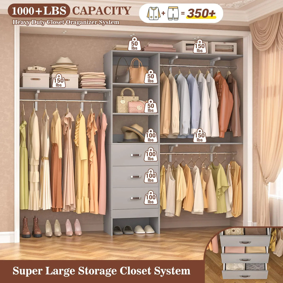 Homieasy 96 Inches Closet System, 8FT Walk In Closet Organizer with 3 Shelving Towers, Heavy Duty Clothes Rack with 3 Drawers, Built-In Garment Rack, 96" L x 16" W x 75" H, White