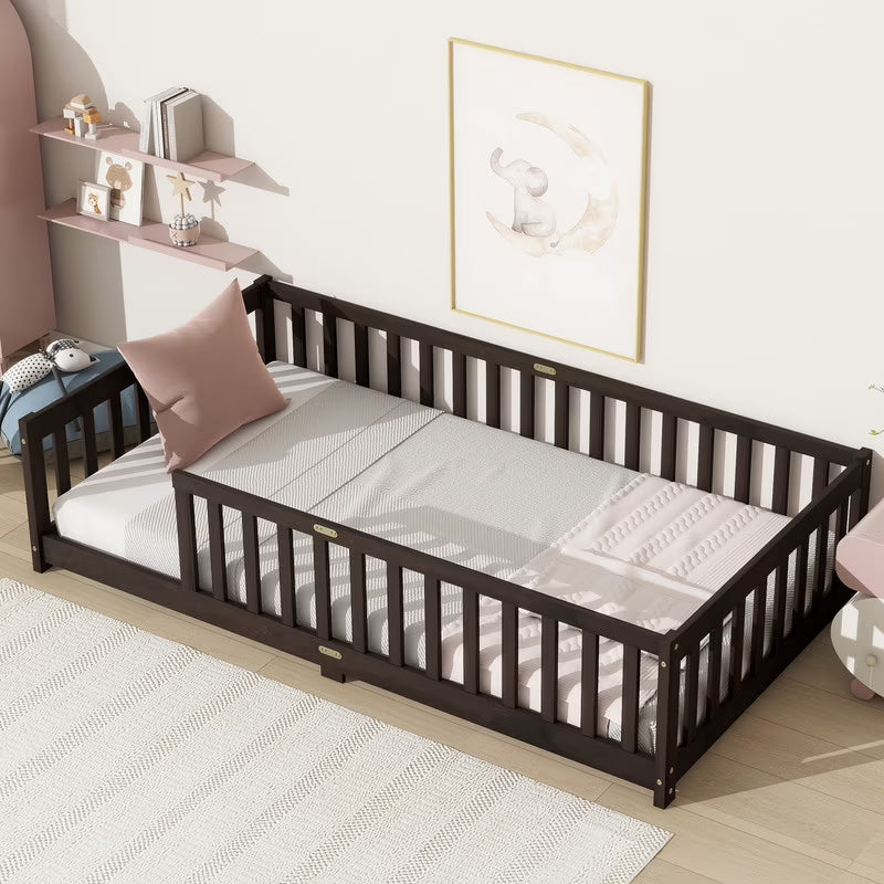 Bellemave Twin Size Floor Beds, Wood Montessori Bed with Fence Railings & Support Slats, No Box Spring Needed (Gray"