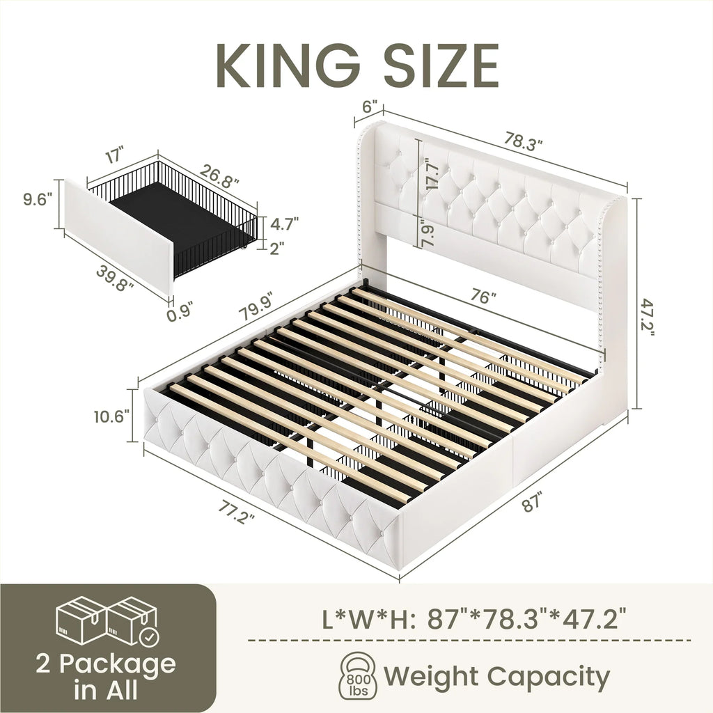 LARMACE Queen Size Platform Bed Frame with 4 Storage Drawers and Tufted Headboard Linen Upholstered Bed Wingback Bed Frame with Wooden Slats Support, Easy Assembly, Light Grey