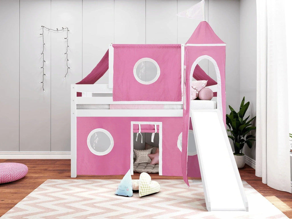 JACKPOT! Castle Low Loft Bed with Slide, Red Yellow and Blue Tent and Tower, Twin, Cherry