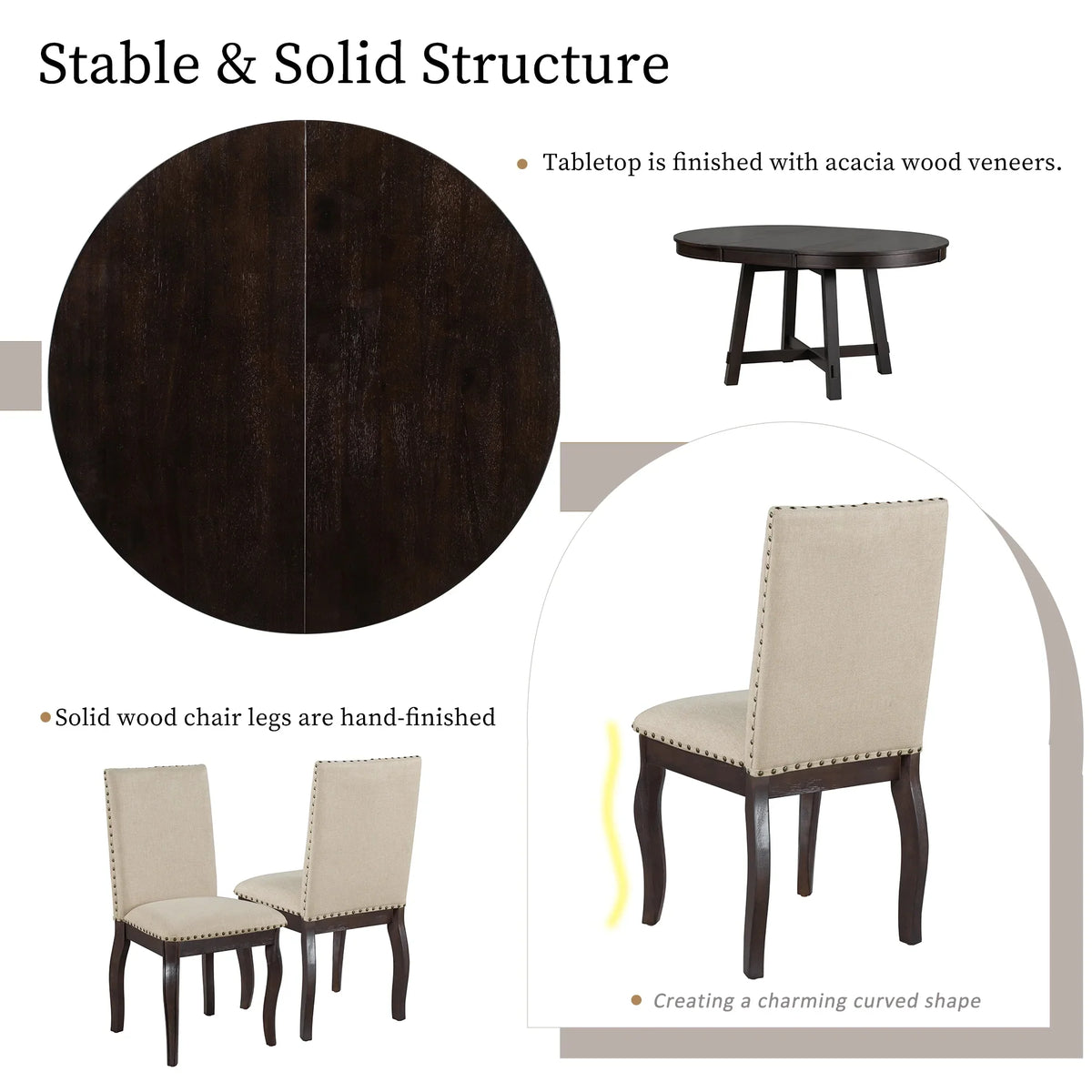 Harper & Bright Designs Round Extendable Dining Table Set for 4, 5 Piece Farmhouse Wood Dining Table Set with 4 Upholstered Dining Chairs, Natural Wood Wash