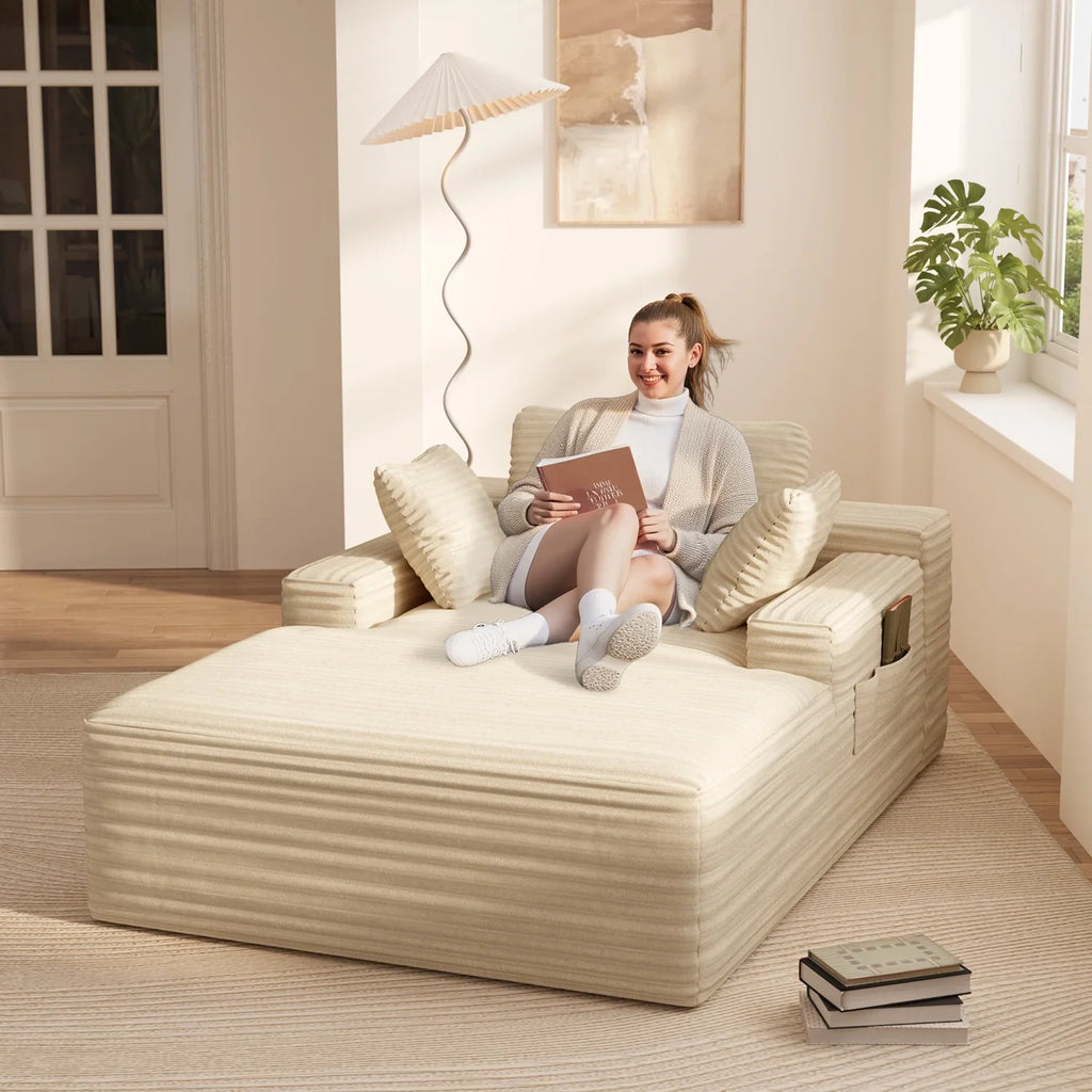 Lofka Oversized Chaise Lounge Indoor, 66"D Corduroy Upholstered Boneless Sofa Bed for Reading on Living Room & Bedroom, No Assembly Required (Beige)