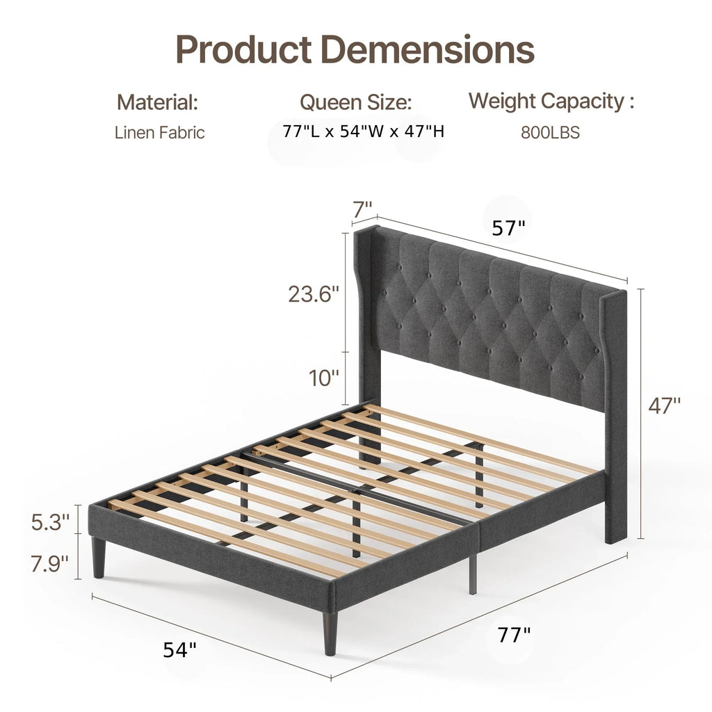 Full Size Bed Frame with Headboard, Under-Bed Storage, 850lbs, Beige