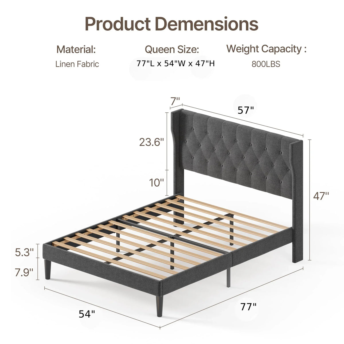Full Size Bed Frame with Headboard, Under-Bed Storage, 850lbs, Beige