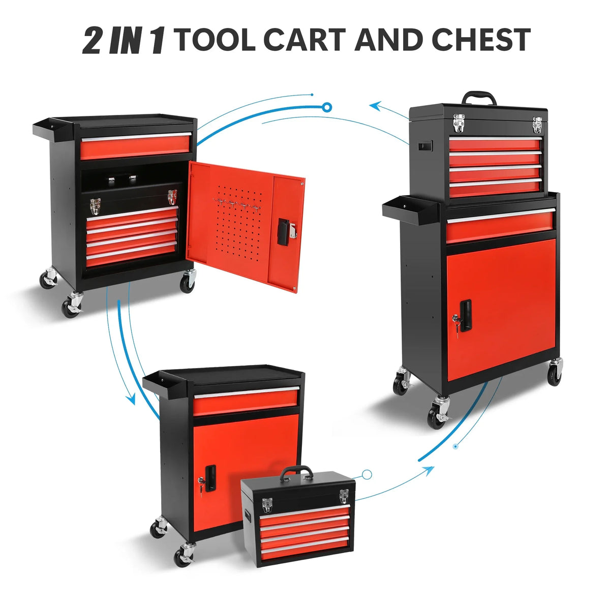 5-Drawer Rolling Tool Box, 2-IN-1 Hidden Multifunctional Tool Chest, Blue Tool Box on Wheels Storage Tool Organizer Cart, Hooks, Classification Box, Liner