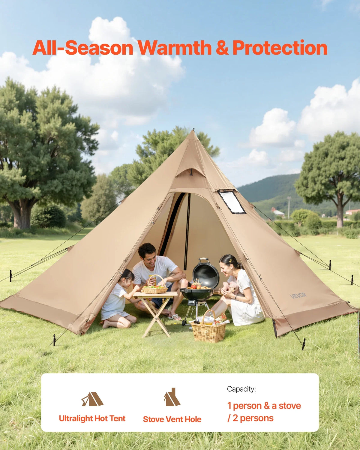 VEVOR Hot Tent for 4 Persons, Portable Winter Tipi Tent with Stove Jack, Waterproof Canvas Camping Tents, Lightweight 4 Season Shelter Tents for Hiking Fishing Backpacking, M Size