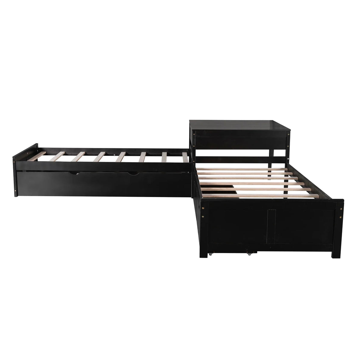 Euroco Wood Twin Size L-Shaped Platform Bed with Square Storage Table for Kids Teens, 2 Platform Beds with Trundle and Drawers for Living Room, 3 Twin Beds, Gray