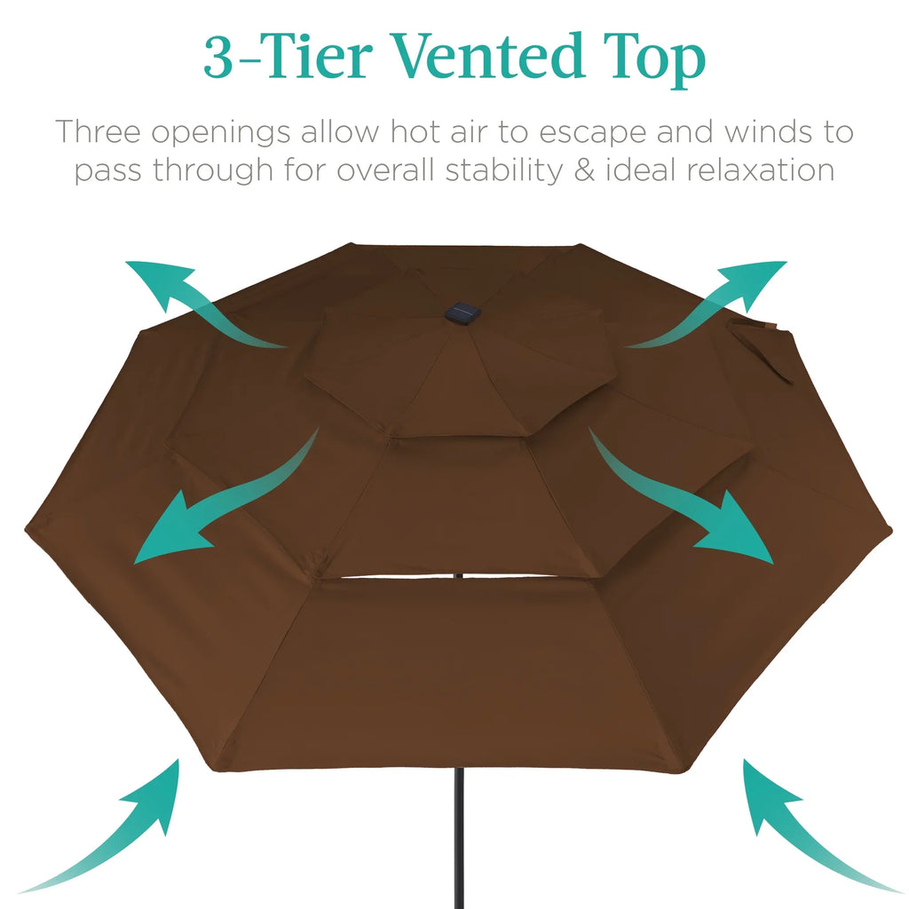 Best Choice Products 10ft 3-Tier Solar Patio Umbrella w/ 24 LED Lights, Tilt Adjustment, Easy Crank - Tan