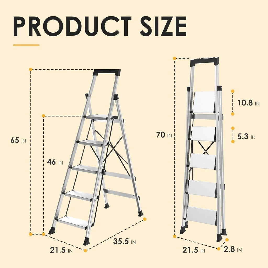 HBTower 4 Step Ladder with Tool Tray, Aluminum Anti-Slip Folding Step Stool for Adults, 330lbs Capacity, Light Weight Portable Ladder for Kitchen Warehouse Outdoor Work