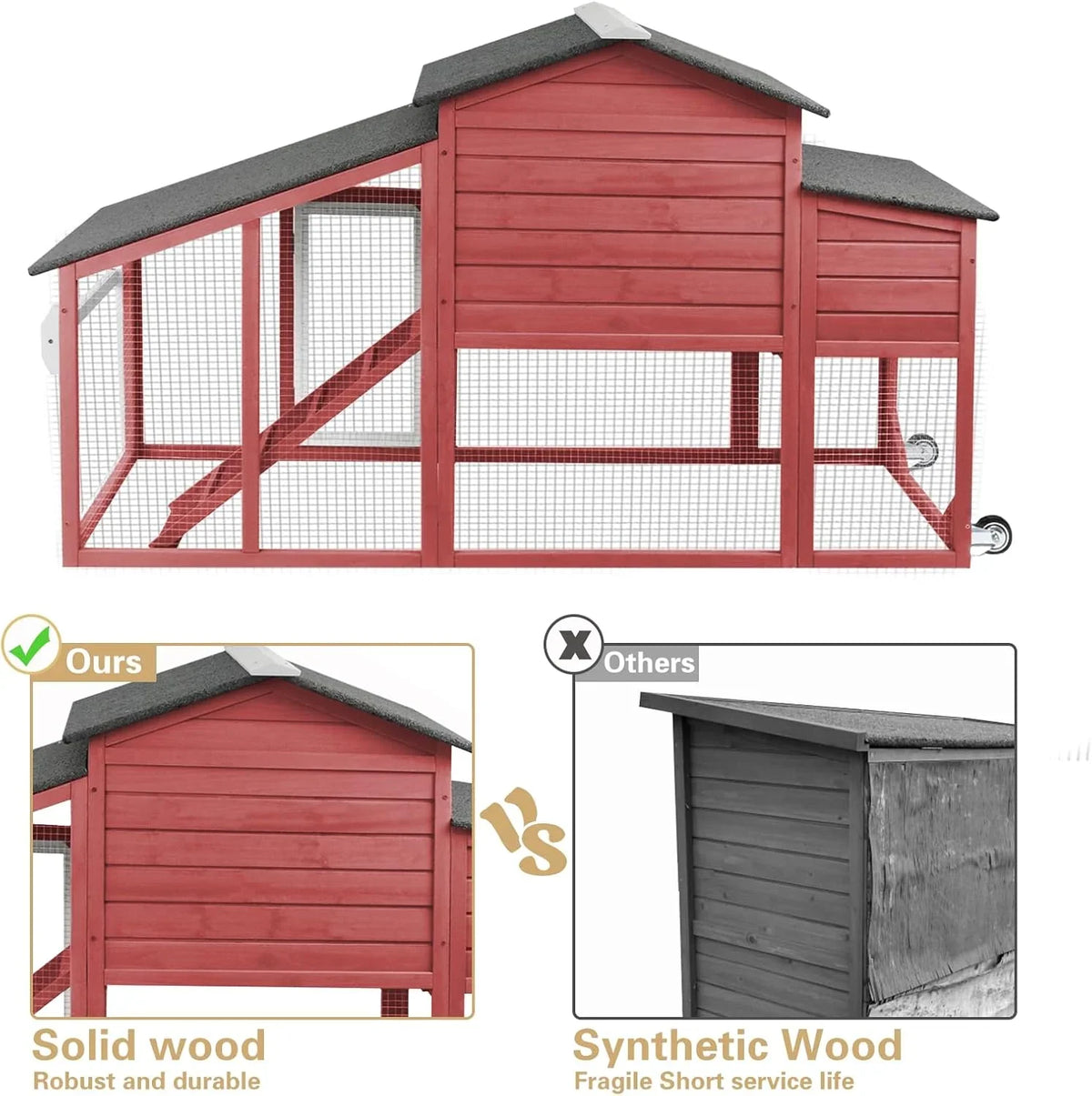 PETSCOSSET Chicken Coop with Run Large Wooden Chicken Tractor with Wheels Waterproof Outdoor Hen House Poultry Cage, Gray