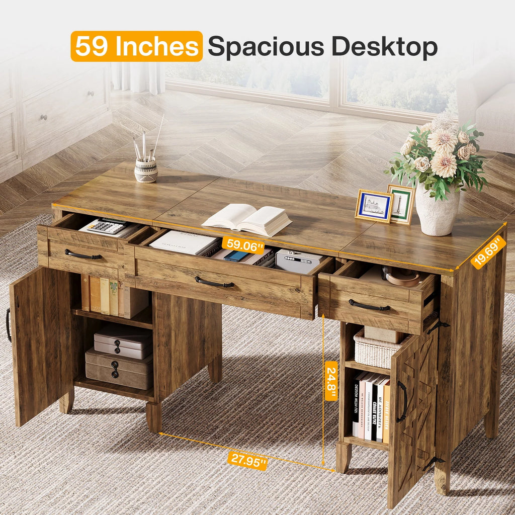 Tribesigns 59" Computer Desk with Drawers, Farmhouse Wooden Office Executive Desk with Files Storage Cabinets