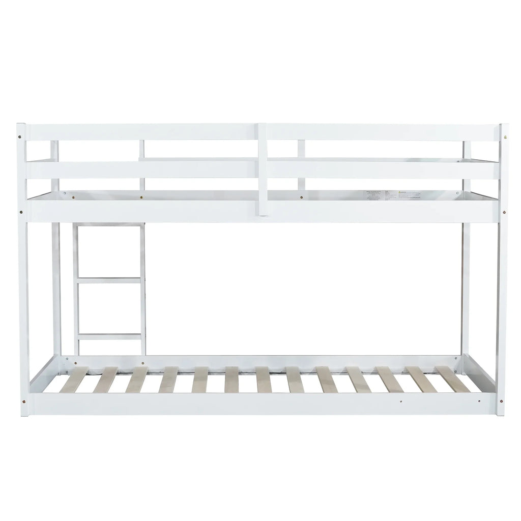 Twin Over Twin Floor Bunk Bed, UHOMEPRO Solid Wood Low Bunk Bed with Safety Rail, Ladder, Heavy Duty Bunk Beds, Space-Saving Bedroom Dorm Furniture, Gray
