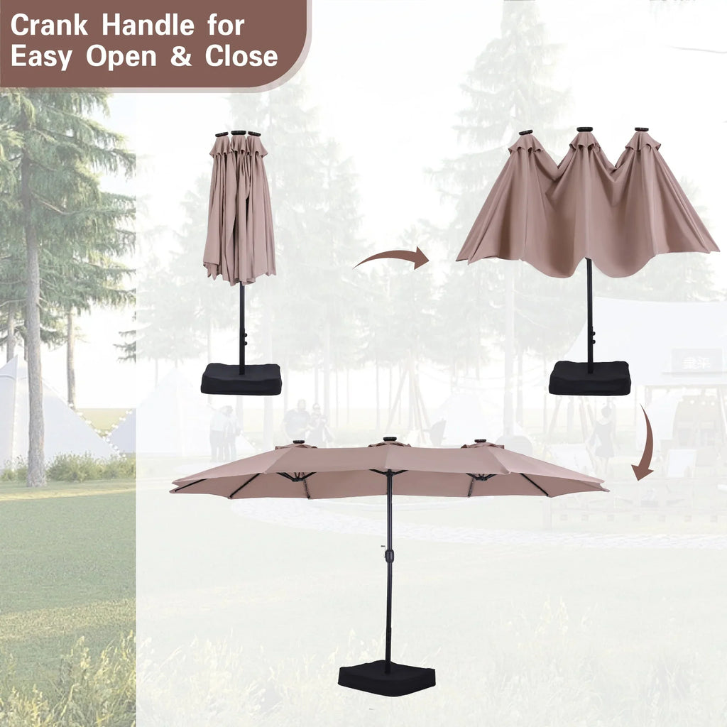 Alpha Joy 15ft Extra Large Outdoor Patio Double-Sided Umbrella with LED Solar Lights & Umbrella Base, Beige