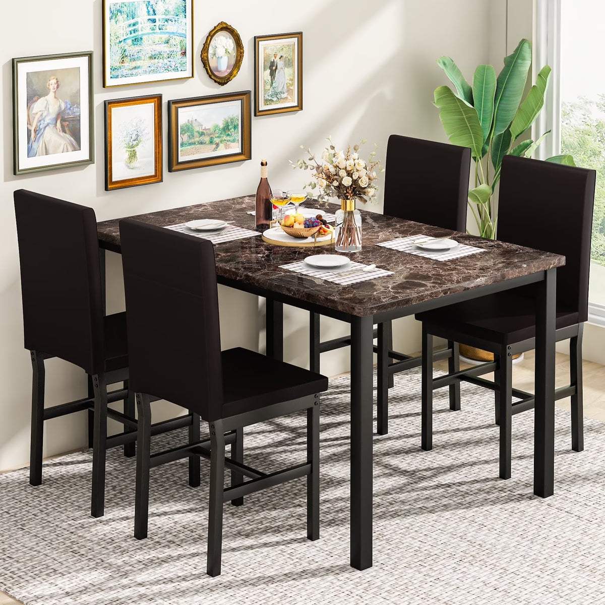 AWQM Dining Table Set of 4, Faux Marble 5 Piece Dining Room Table Set with PU Leather Chairs, Rectangular Kitchen Table Set for Apartment, Dining, White