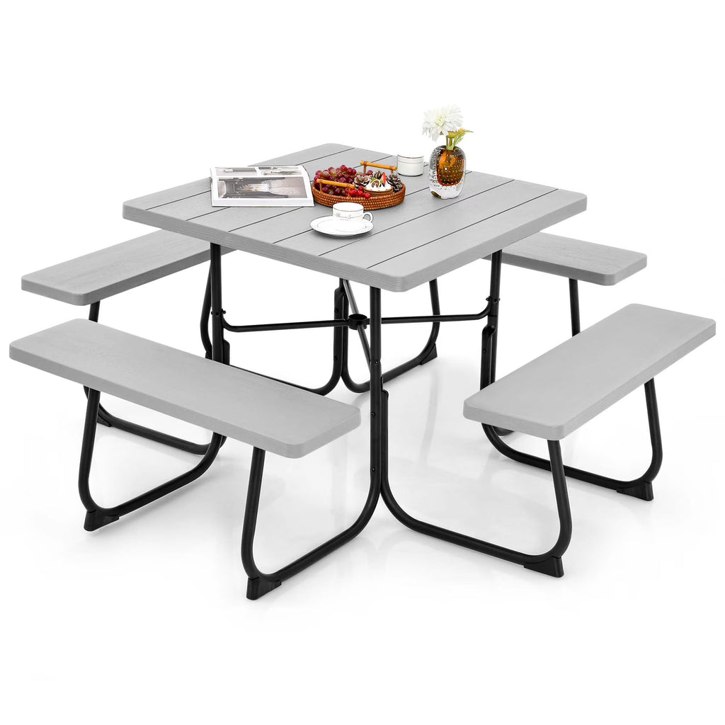 Costway Outdoor 8-person Square Picnic Table Bench Set with 4 Benches & Umbrella Hole White
