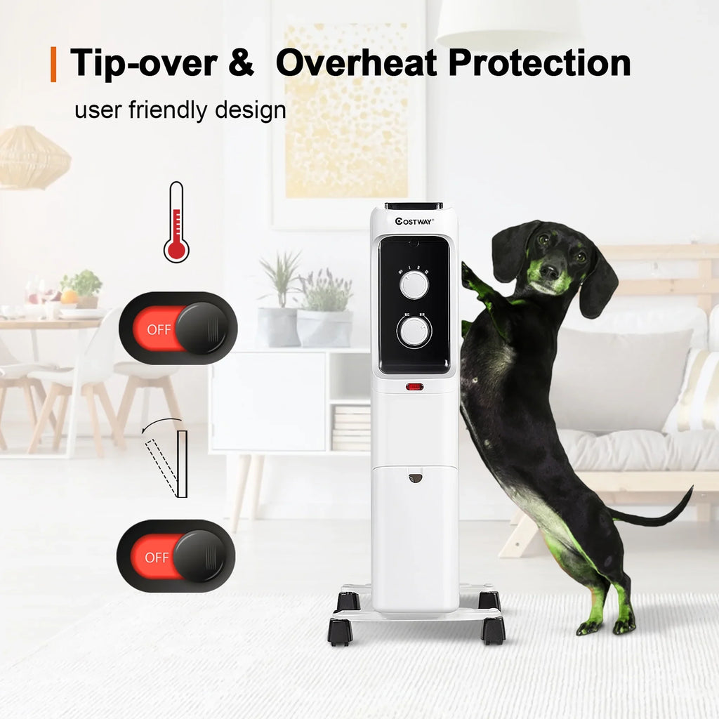 Costway 1500W Oil Filled Heater Portable Radiator Space Heater w/ Adjustable Thermostat White