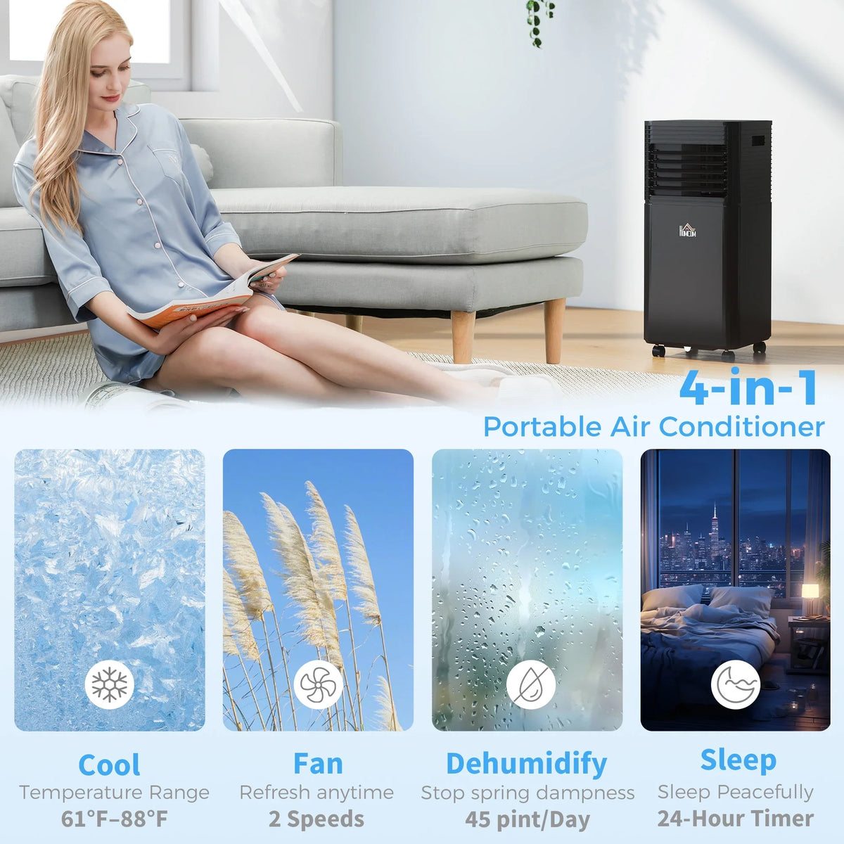 HOMCOM 8000 BTU Portable Air Conditioner with Remote, LED Display, 24H Timer, Black