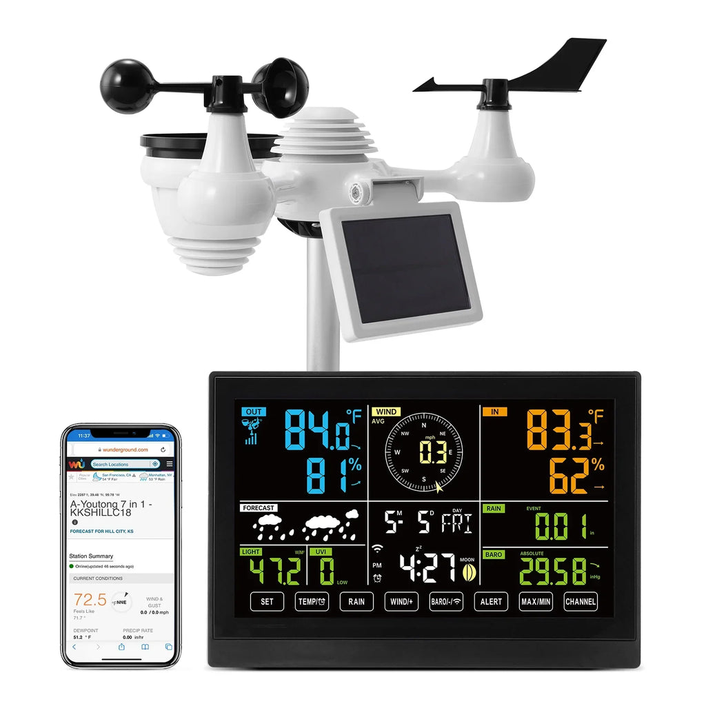 KFFKFF 7-in-1 Wi-Fi Weather Station 7.5-Inch Color Display Wireless Outdoor Sensor