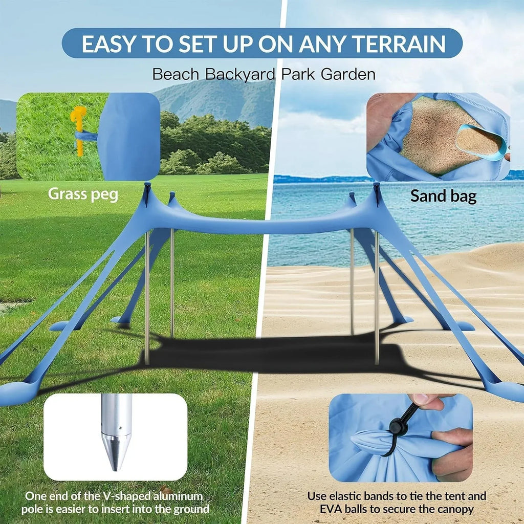 Beach Tent Canopy with 8 Sandbags 4 Aluminum Poles, Pop Up Portable Camping Sun Shelter, Easy Set Up with 2 Sand Shovel, Ground Pegs, Carrying Bag for Outdoor Beach,Picnic, Fishing