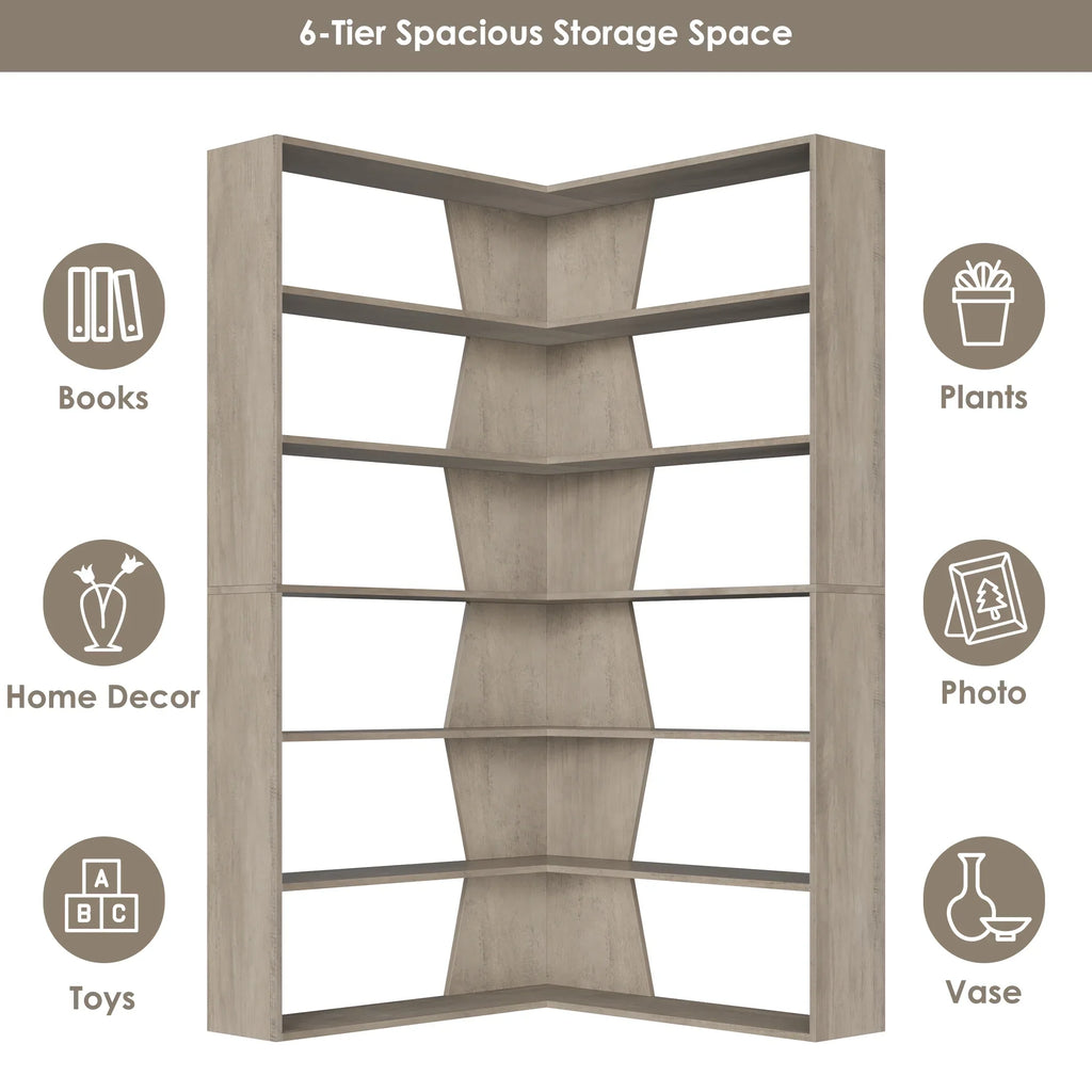 Homfa 6-Tier Corner Bookcase, L-Shaped Bookshelf with Baffle, Storage Display Rack for Office Living Room, Gray