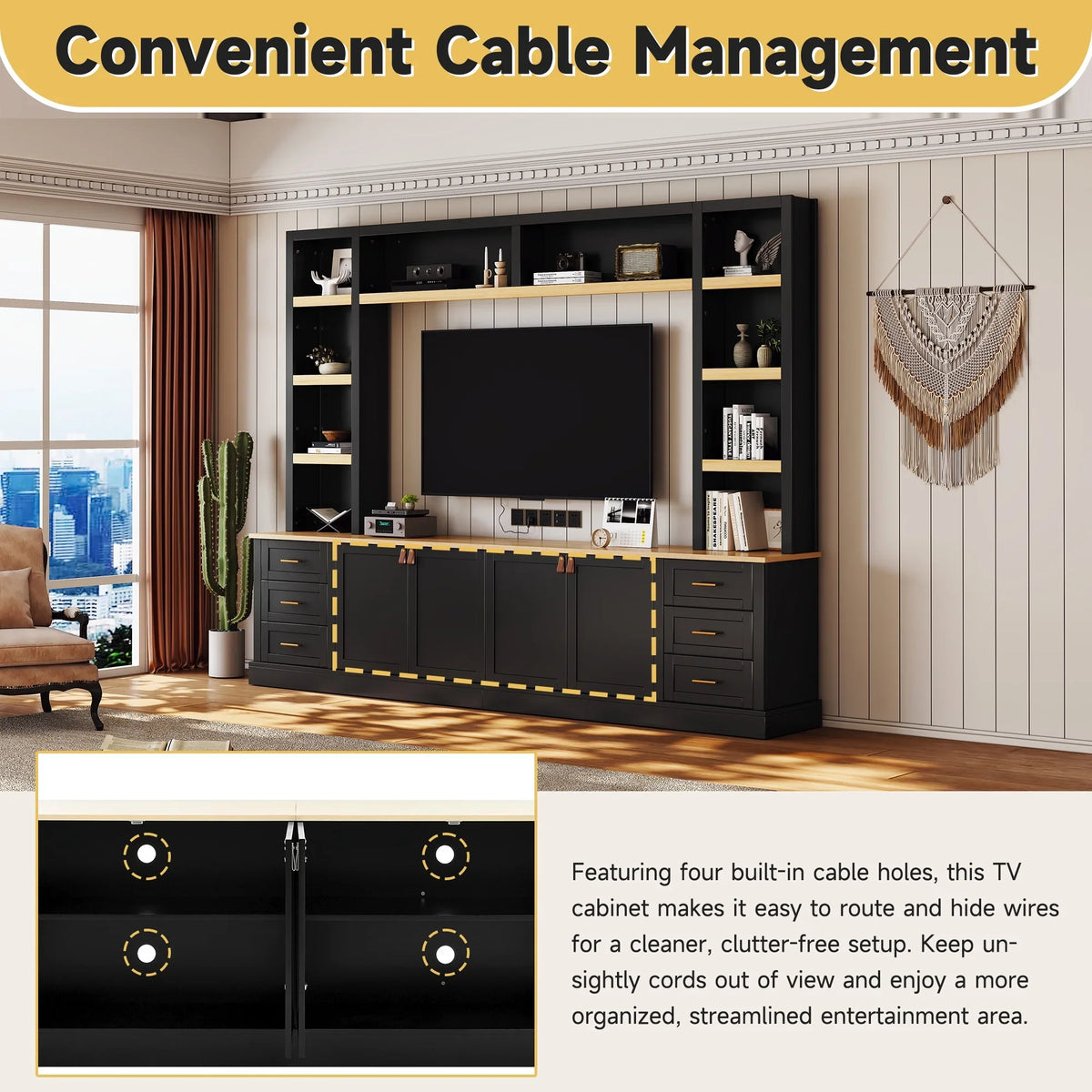 Euroco 102.3"W Farmhouse 4-Piece Entertainment Center Wall Unit with Adjustable Shelf, Modern Large TV Stand with Bookshelves