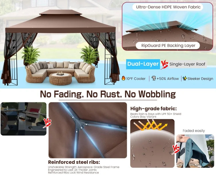 COBIZI 10' x 13' Pop Up Gazebo, Screened Patio Gazebo, Outdoor Steel Double Roof Canopy Tent, Metal Frame Canopy with Mosquito Netting, Sunshade for Garden, Lawns, Gray