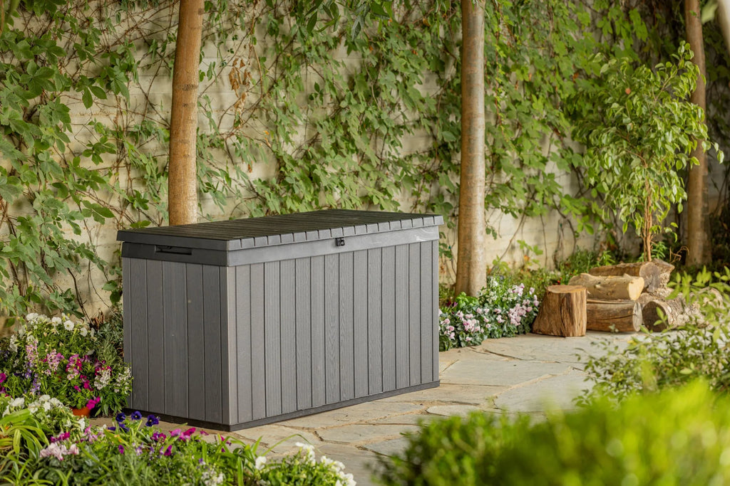 Keter Darwin 100 Gallon Large Resin Deck Box for Patio Outdoor Storage, Grey