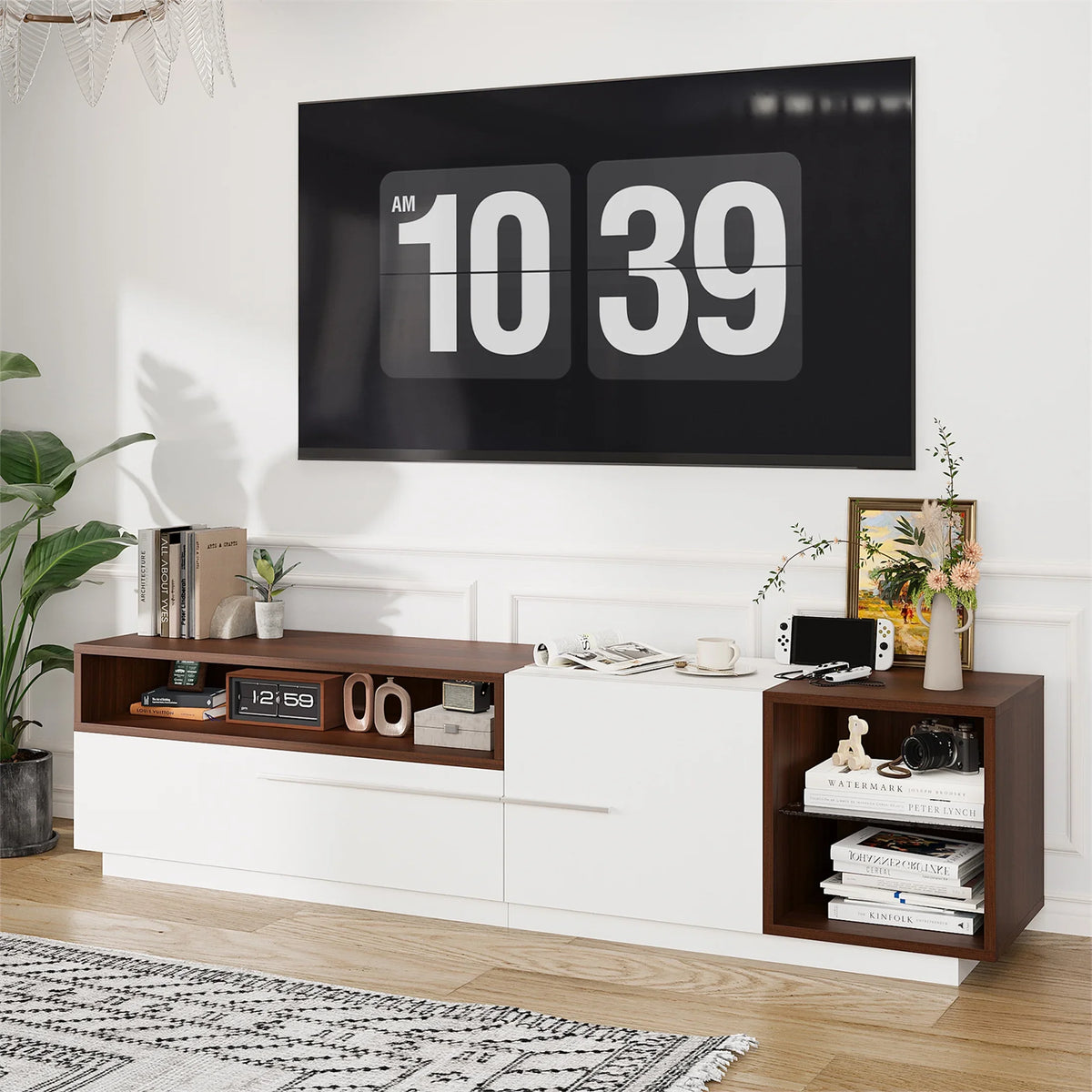 Planntonneo Mid-Century Modern Fluted TV Stand Wooden Media Console Entertainment Center for Living Room, Walnut Color