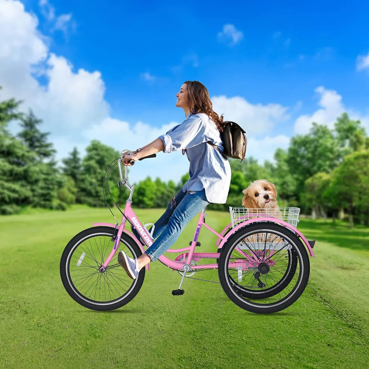 MOONCOOL Adult Tricycles with Rear Basket & Inflator, 24 26 inch 7 Speed 3 Wheel Bikes, Three-Wheeled Bicycles Adult Trike with Backrest for Seniors, Women, Men