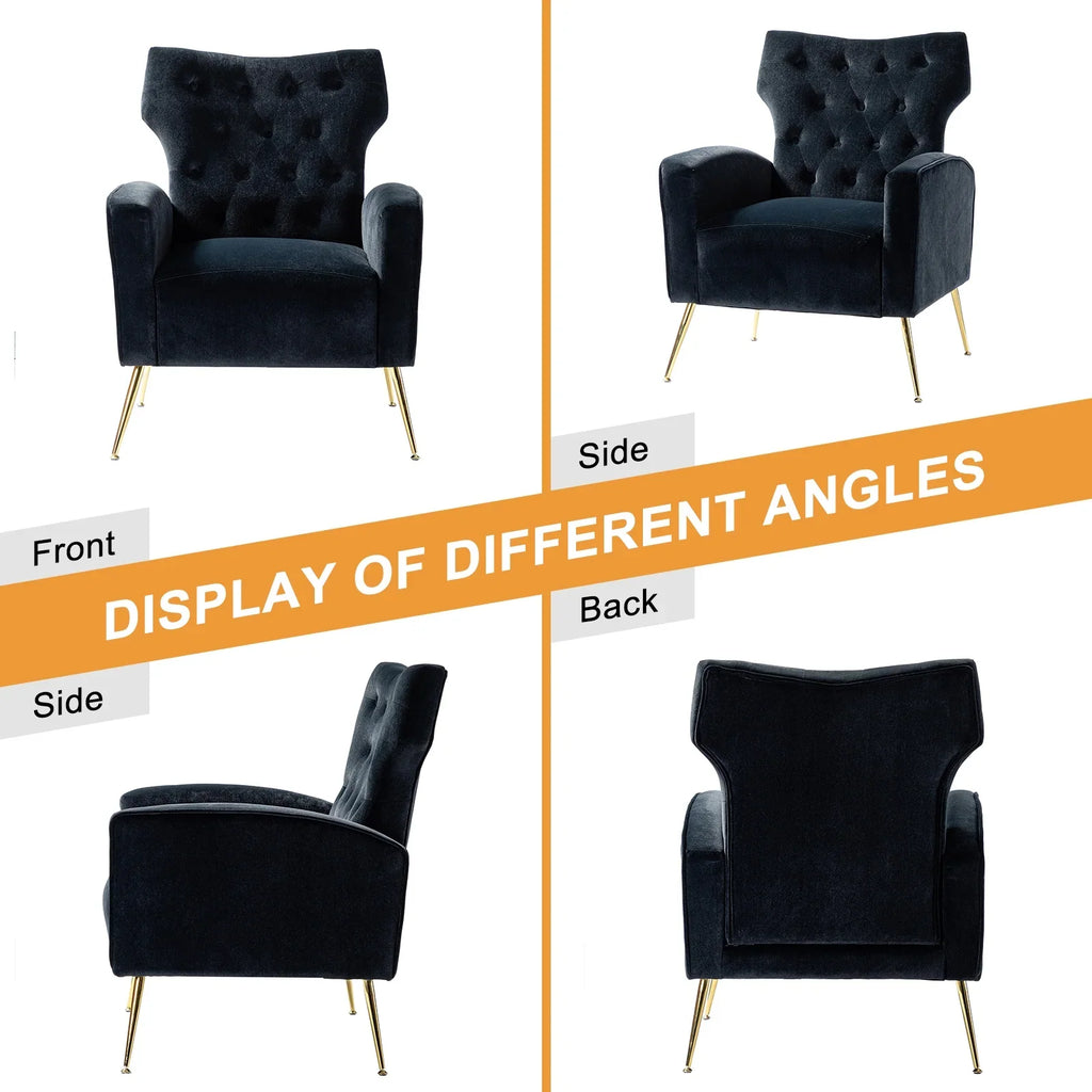 Modern Velvet Accent Chair Upholstered Sofa Armchair Button Tufted Metal Legs Adult Bedroom Home Living Room Grey