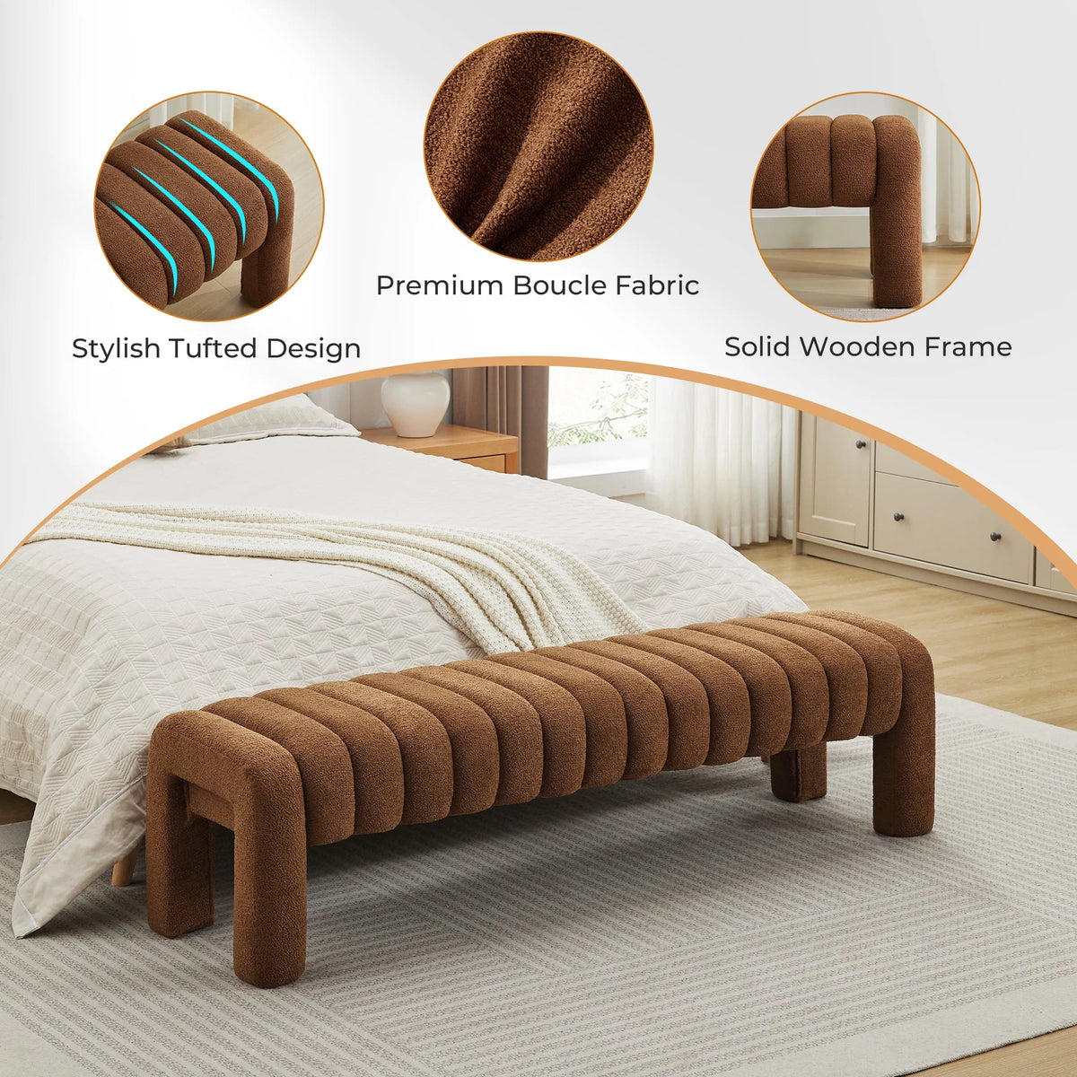 Zesthouse 63" End of Bed Bench, Linen Tufted Upholstered Ottoman Bench with Padded Seat and Solid Wood Leg, Modern Entryway Bench for Bedroom, Living Room, Beige