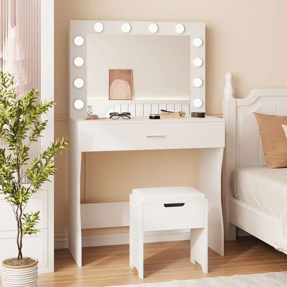 Vanity Table Set with Lighted Mirror,Makeup Vanity with Lights, Large Drawer Sturdy Wood Vanity, White