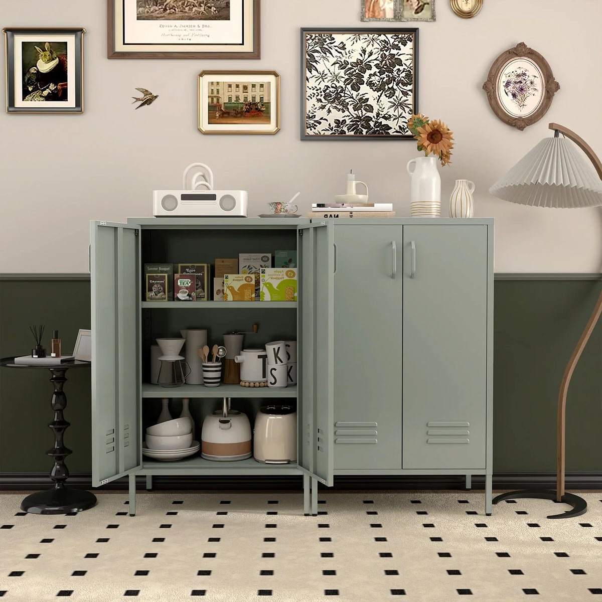 Marcree Green Metal Cabinet,2 Door Accent Cabinet,Metal Locker Cabinet with Legs,Sideboard Cabinet with Adjustable Shelves,Locker Storage Cabinet for Living Room,Entryway