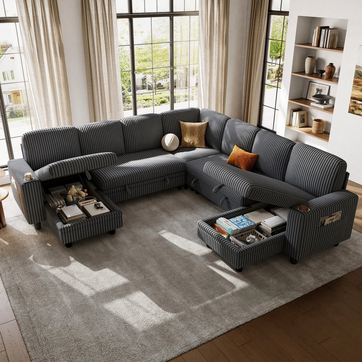 Linsy Home Storage Sectional Sleeper Sofa with Pull Out Bed, 9 Seat Modular Sectional Sofa with with USB & Cup Holder, Plush Corduroy Sectional Couches for Living Room, Green