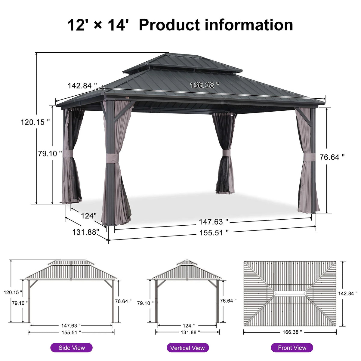 PURPLE LEAF 8' X 8' Gazebo Outdoor Gazebo Permanent Hardtop Gazebo with Galvanized Steel Double Roof for Patio Backyard Deck Aluminum Gazebo with Netting and Curtains Grey