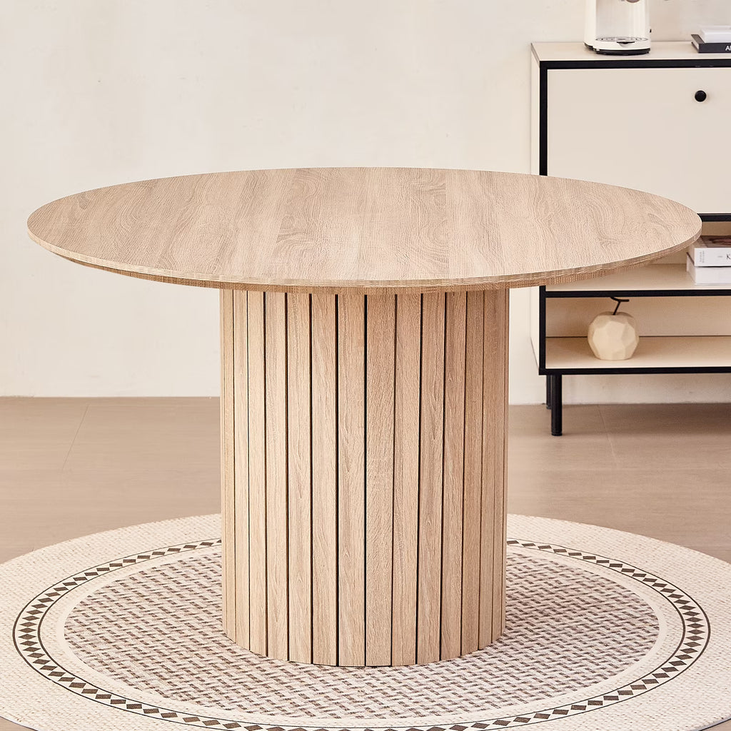 47 inches Modern Round Dining Table, Wood Kitchen Table for 4 with Two-part Tabletop and Wooden Strip Columns Base, Farmhouse Table for Kitchen, Dinning Room, Oak
