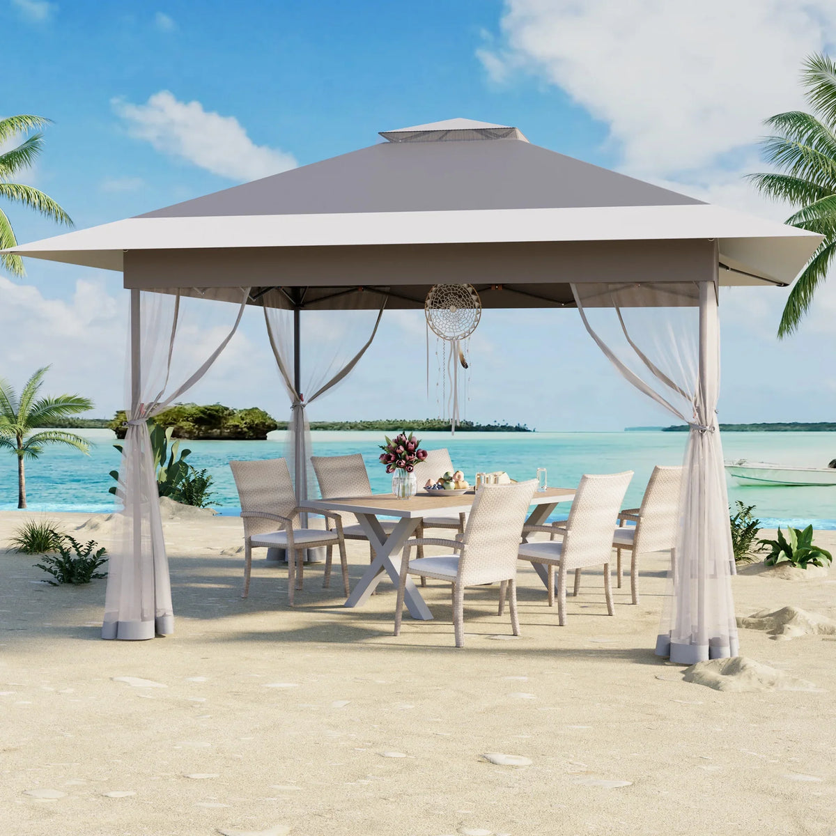 Bezseller 11x11 Pop up Gazebo, Outdoor Waterproof Canopy Tent with Mosquito Netting for Outdoors, Khaki