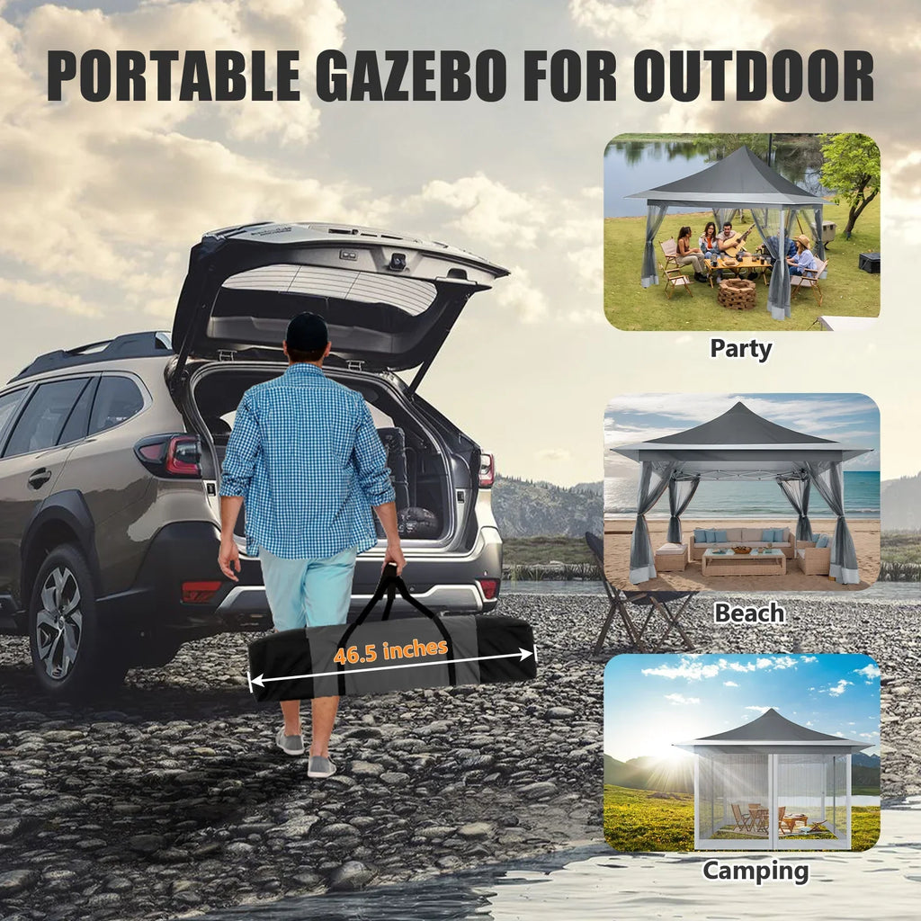 HOTEEL 12x12 Outdoor Pop-up Gazebo Canopy with Mosquito Netting 2-Tiered Vented Top 3 Adjustable Height for Backyard, Garden, Lawn,Light Grey