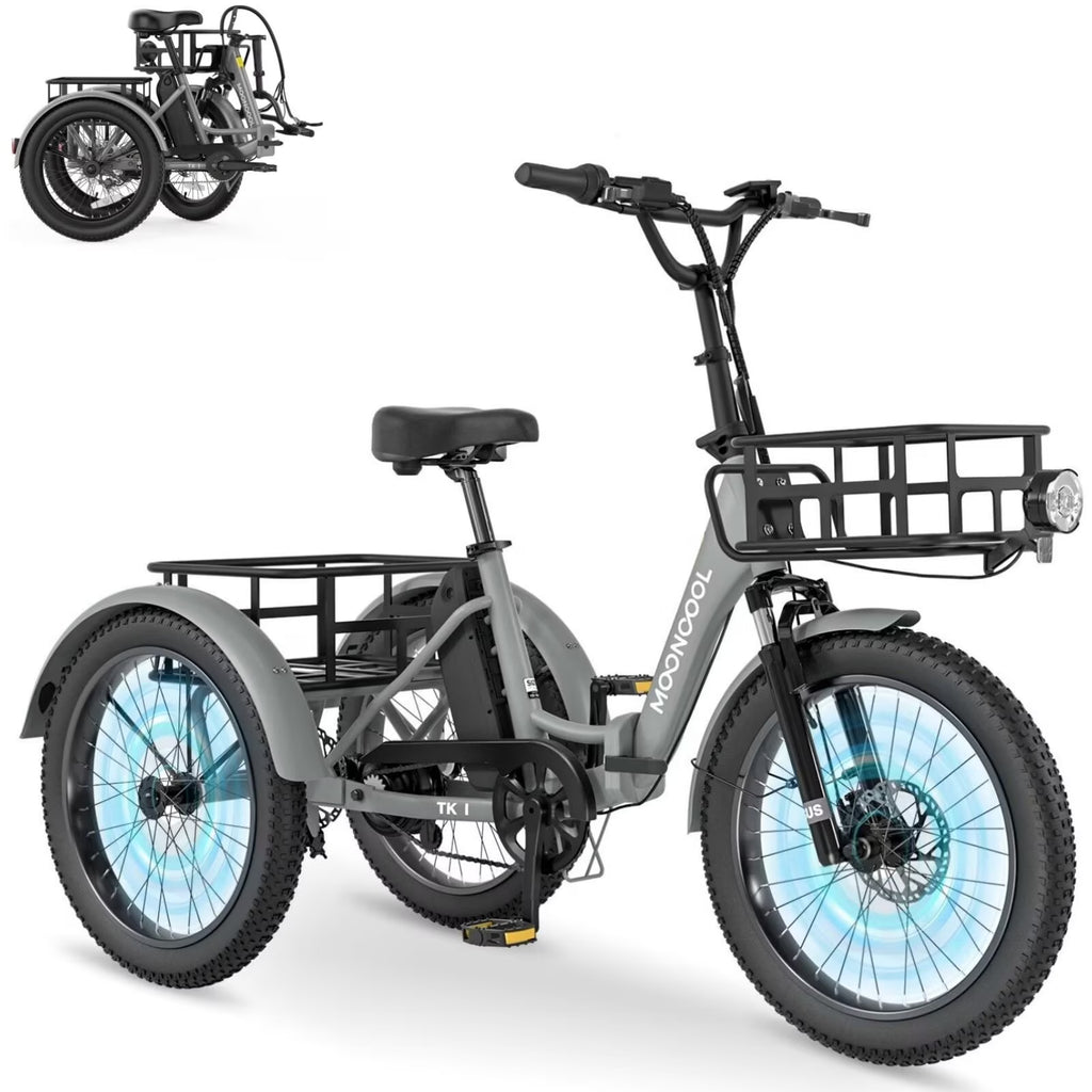 MOONCOOL TK1 Folding Electric Tricycle for Adults,48V 14.5Ah Removable battery, 500W"Peak 1000w"Motor, 20" Fat Tire Step-Thru 3Wheel Electric Bicycle w/Front&Rear Baskets, Certified to UL 2849 by SGS