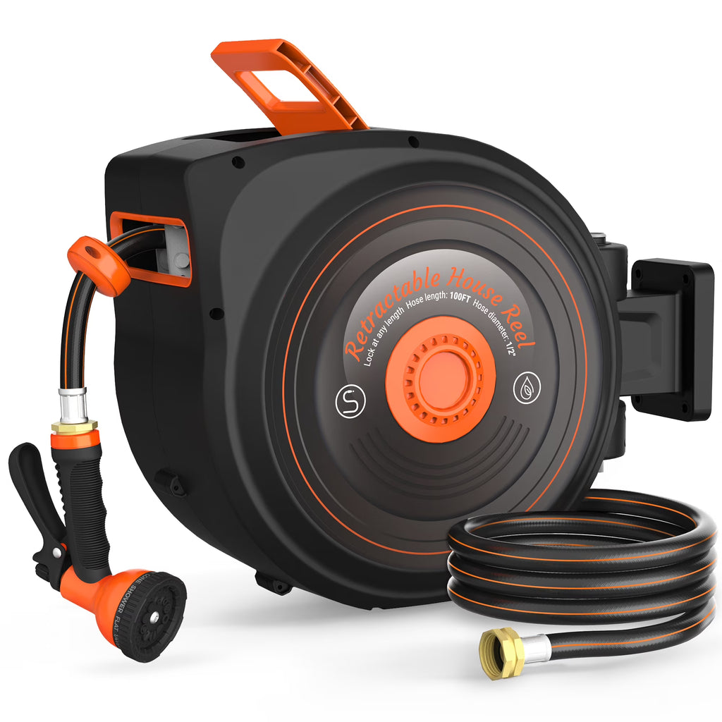 Retractable Garden Hose Reel 1/2 in x 100 ft, Auto-Rewind & Any Length Lock, 180" Swivel Heavy Duty Hose Reel Wall Mount for Outside, 10 Spray Patterns, UV-Resistant