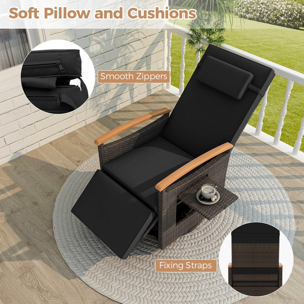 Costway Outdoor 360" Swivel Rattan Recliner Chair Patio Wicker Chaise Lounge Chair Beige