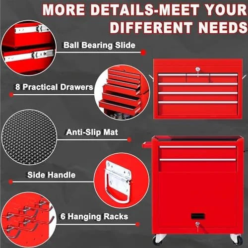 8-Drawer Rolling Tool Chest with Detachable Top Tool Box, Lockable Metal Tool Cabinet, and Liner, Heavy-Duty Storage Organizer with Wheels and 6 Hooks for Garage, Workshop, Green