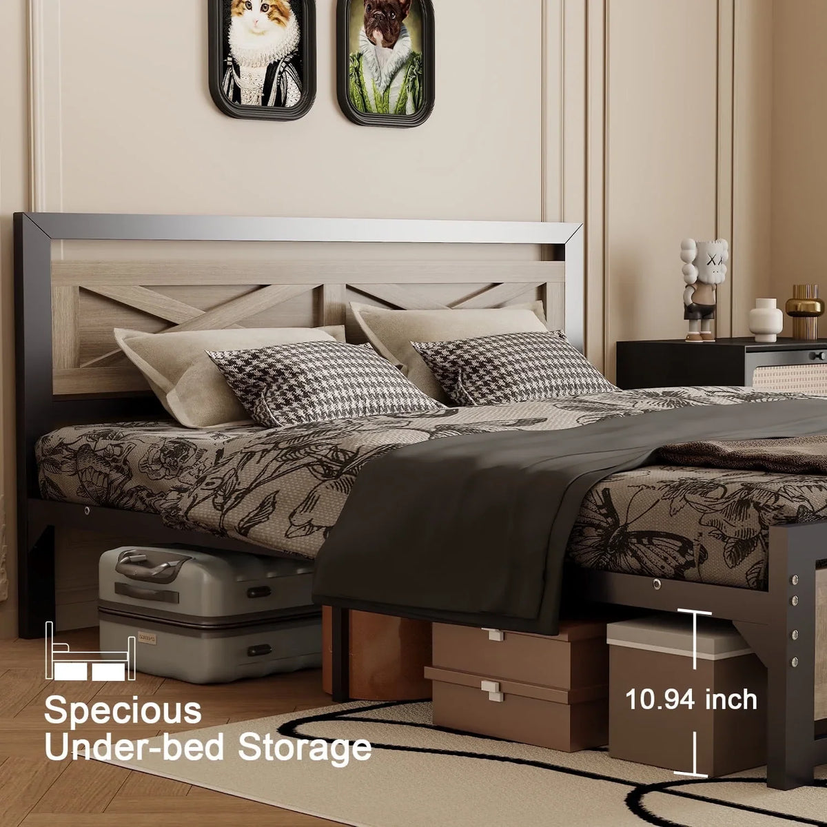 Behost Twin Bed Frame with Headboard and Underbed Storage, Metal Wood Platform Bed Frame Twin, No Box Spring Needed