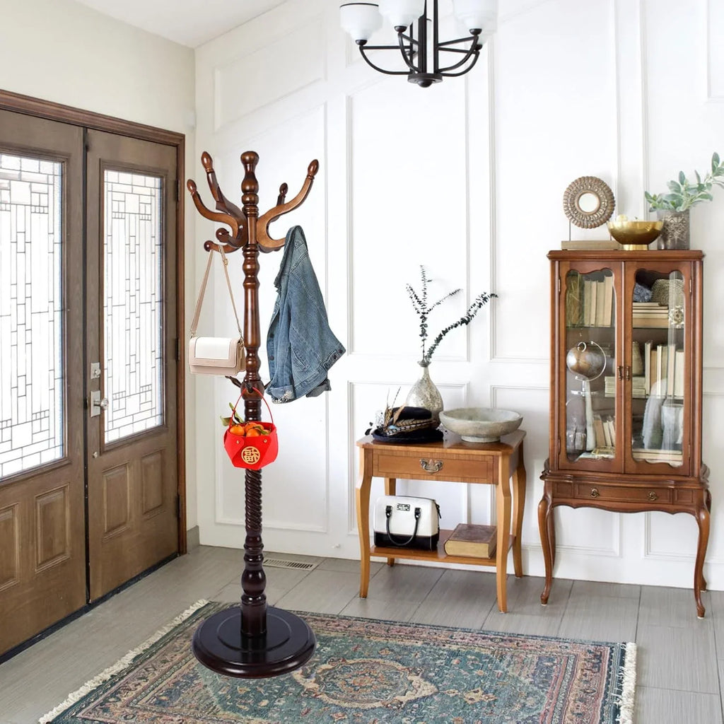 swing 73" Wooden Coat Rack Stand,Coat Racks Freestanding With 14 Hooks And Solid Round Base Heavy Duty Adjustable Height Hall Tree Coat Rack for Entryway Hallway Foyer Office Bedroomf