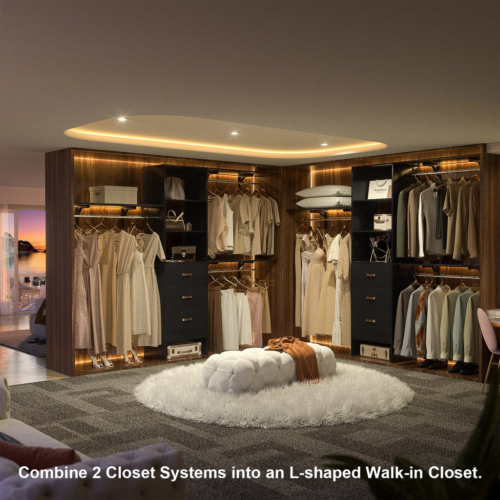 Homieasy 96 Inches Closet System, 8FT Walk In Closet Organizer with 3 Shelving Towers, Heavy Duty Clothes Rack with 3 Drawers, Built-In Garment Rack, 96" L x 16" W x 75" H, White