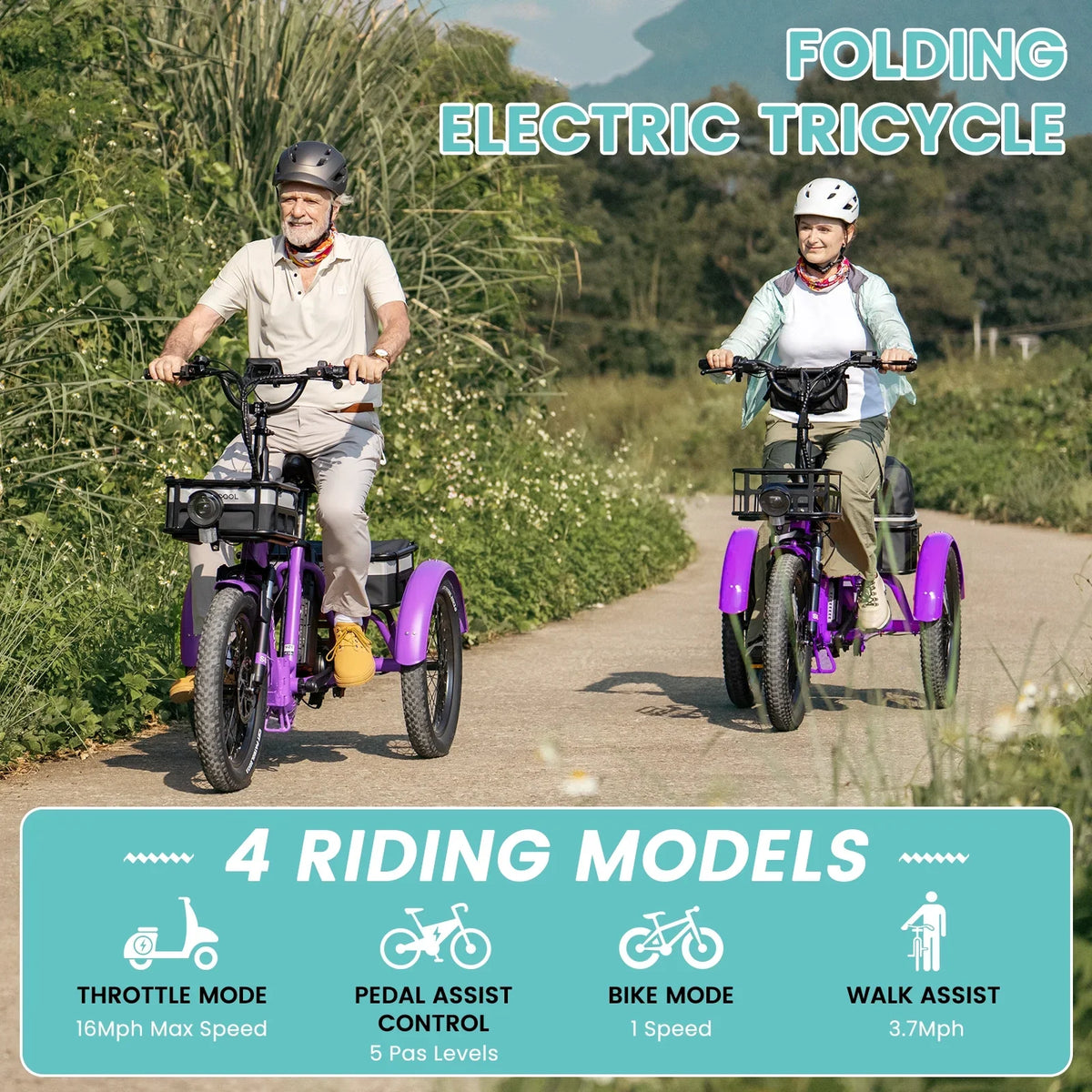 MOONCOOL TK1 Folding Electric Tricycle for Adults,48V 14.5Ah Removable battery, 500W"Peak 1000w"Motor, 20" Fat Tire Step-Thru 3Wheel Electric Bicycle w/Front&Rear Baskets, Certified to UL 2849 by SGS
